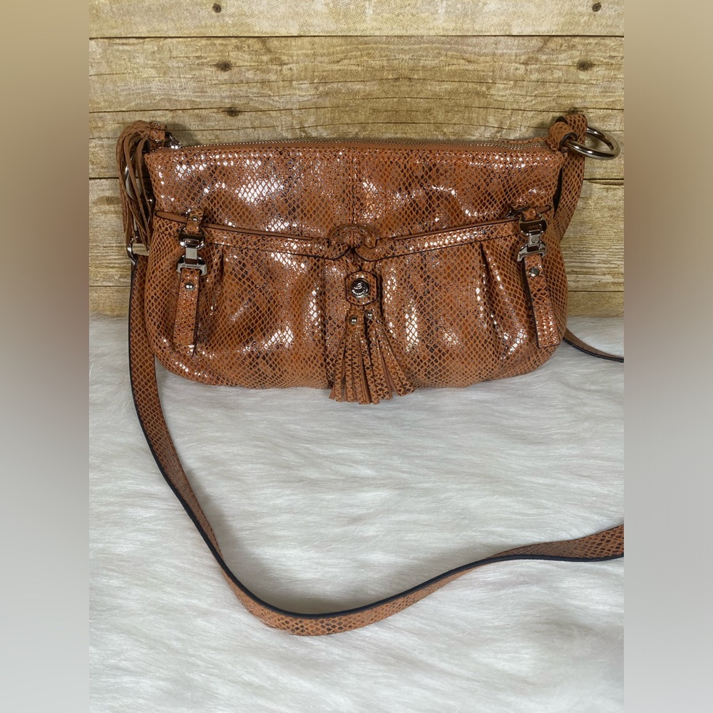 B Makowsky Reptile Print Leather Purse Tassels - Picture 3 of 16
